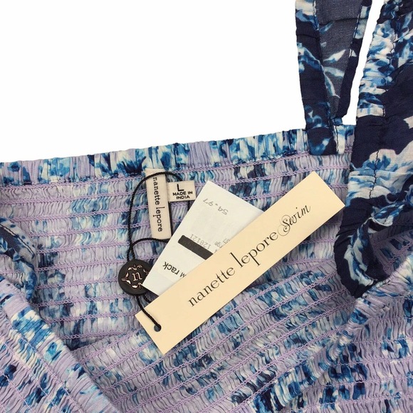 Nanette Lepore Suzie Blue Floral Smocked Ruffle Crop Top Sleeveless Women's L - Picture 6 of 6